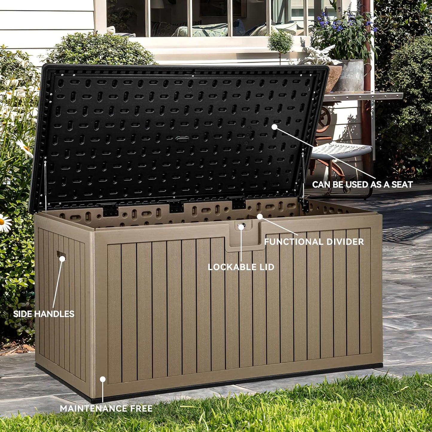 YITAHOME XXL 230 Gallon Large Deck Box,Outdoor Storage for Patio Furniture Cushions,Garden Tools and Pool Equipment with Flexible Divider,Waterproof,Lockable (Black&Brown)