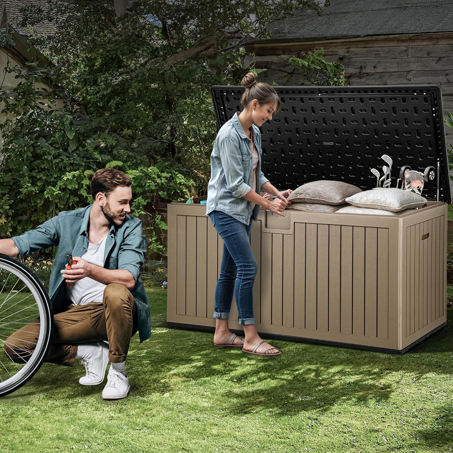 YITAHOME XXL 230 Gallon Large Deck Box,Outdoor Storage for Patio Furniture Cushions,Garden Tools and Pool Equipment with Flexible Divider,Waterproof,Lockable (Black&Brown)